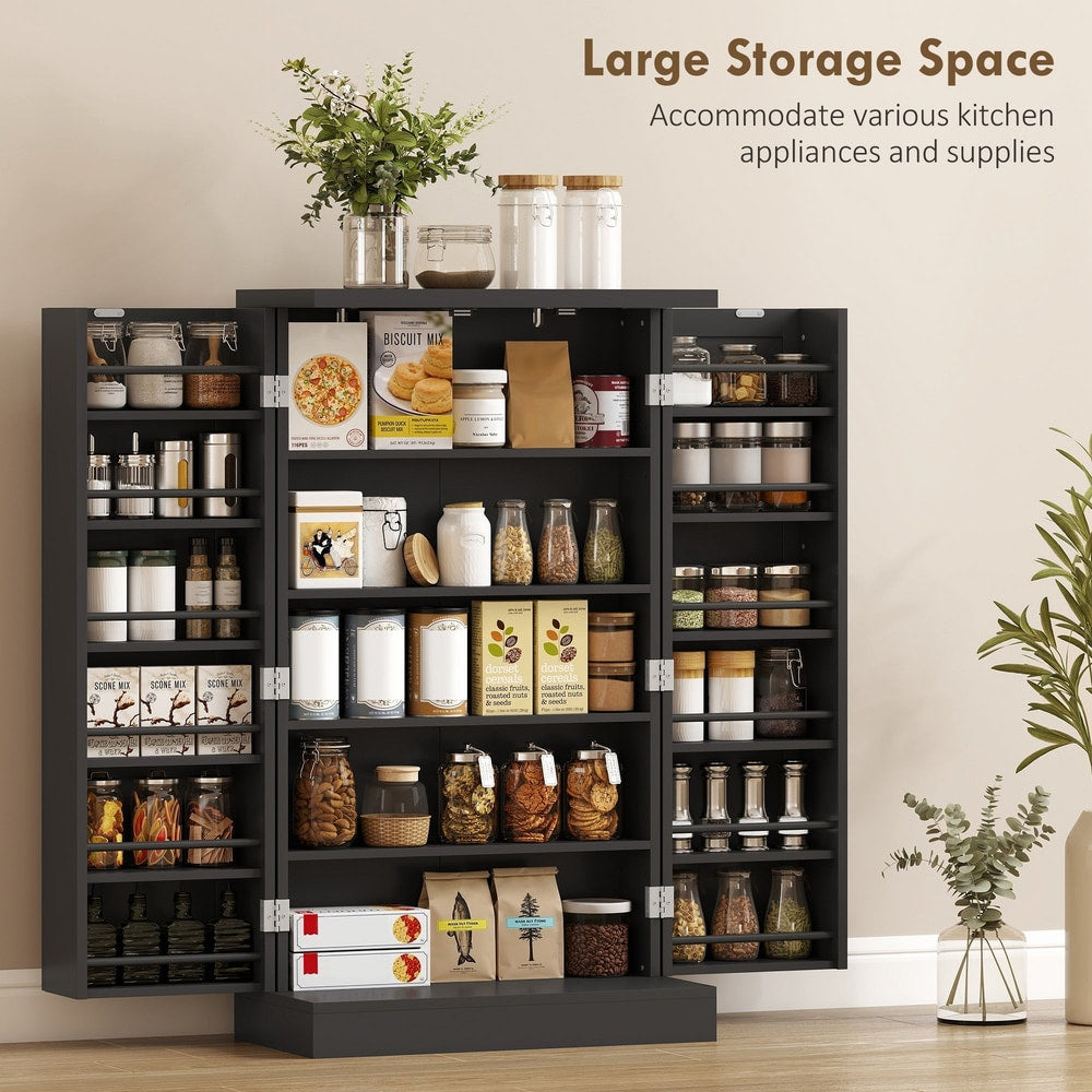 The black kitchen storage cabinet shown in a room with decorative items