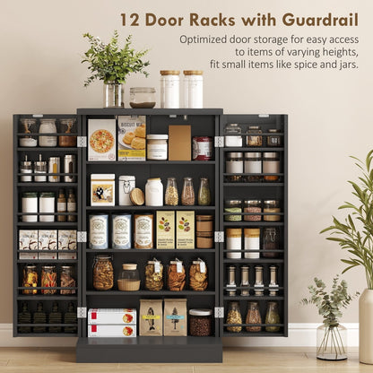 The black kitchen storage cabinet with its doors open showing organised shelves