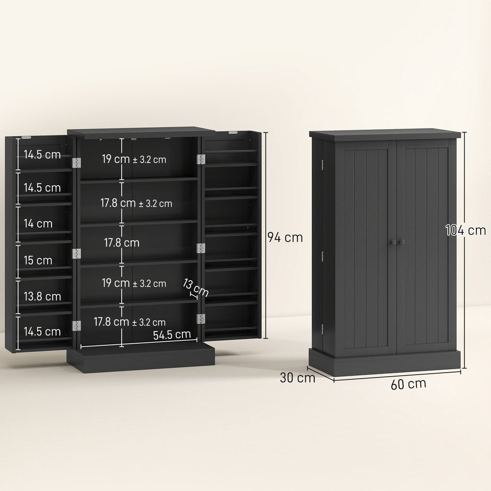 A diagram showing the dimensions of the black kitchen storage cabinet