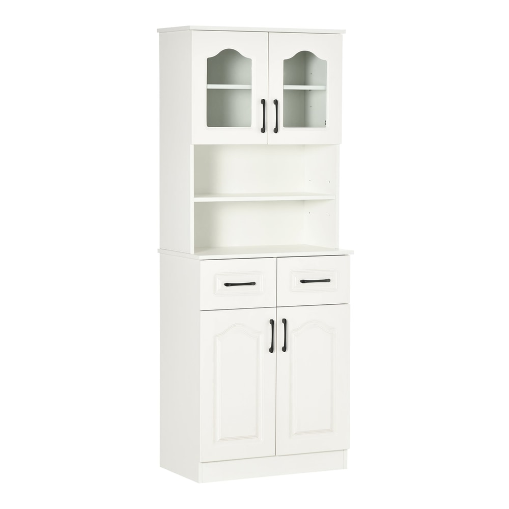 HOMCOM Kitchen Cupboard freestanding storage cabinet in white with glass doors on top and two drawers above two cabinet doors