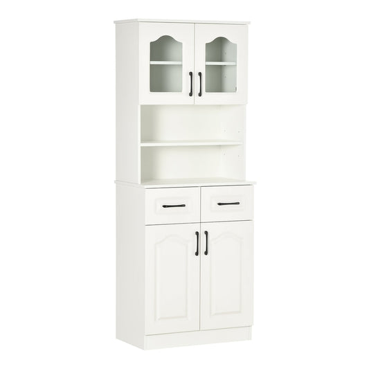 HOMCOM Kitchen Cupboard freestanding storage cabinet in white with glass doors on top and two drawers above two cabinet doors