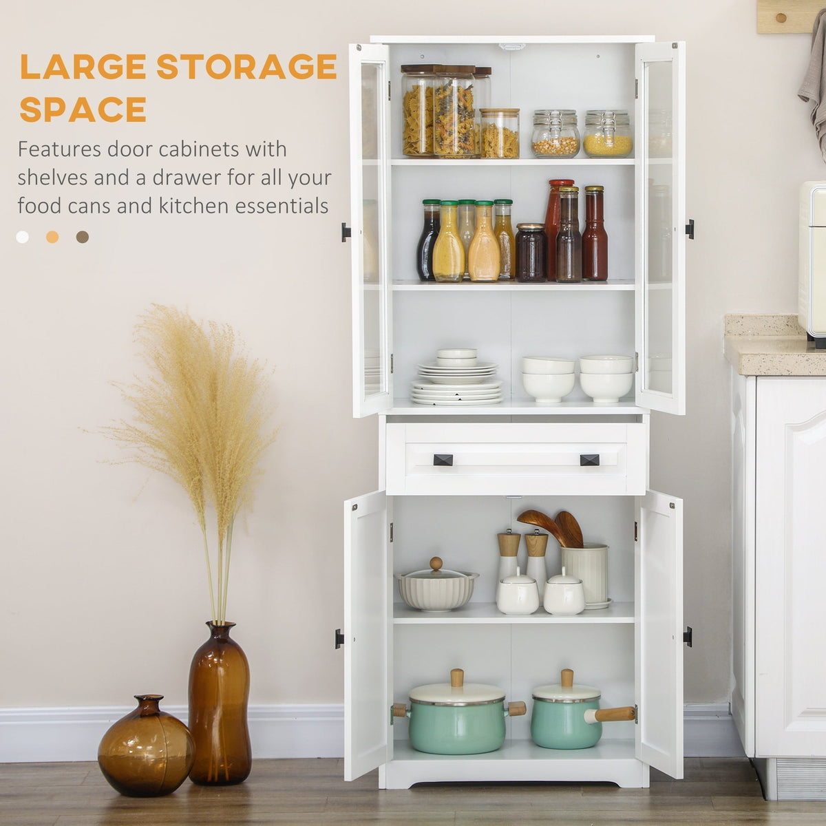 The white kitchen furniture cabinet with doors open showing storage space for food and dishes