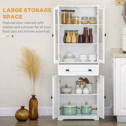 The white kitchen furniture cabinet with doors open showing storage space for food and dishes