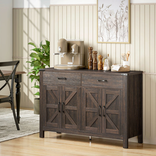 The storage cabinet placed in a dining room with kitchen items on top