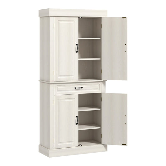 HOMCOM Kitchen Cupboard with 4 Doors, a tall white wood grain storage cabinet with open doors showing shelves and a drawer
