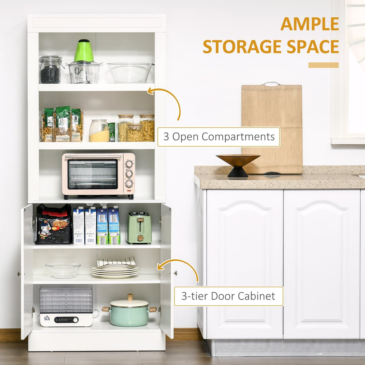 The white kitchen storage cabinet with its doors open, revealing three open compartments and a three-tier cabinet