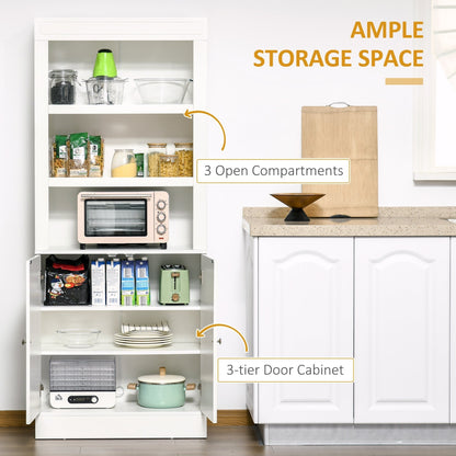 The white kitchen storage cabinet with its doors open, revealing three open compartments and a three-tier cabinet