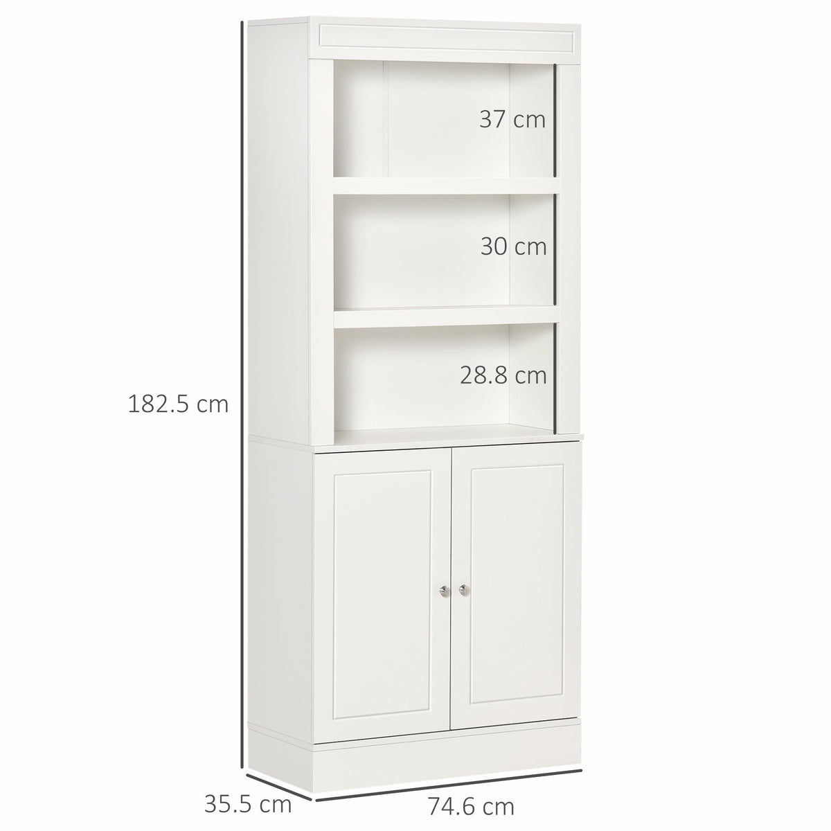 A size diagram of the white kitchen storage cabinet, showing its height, width and depth measurements