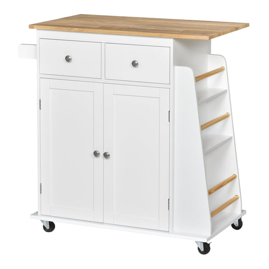 HOMCOM Kitchen Island on Wheels with a wooden top, two drawers, two cabinets and a side spice rack