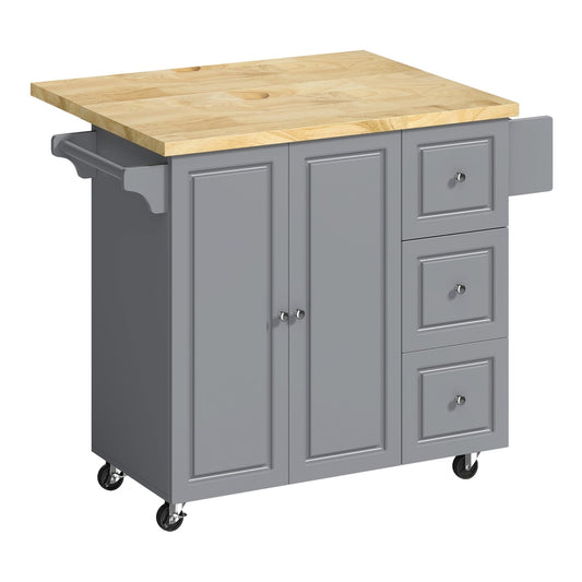 HOMCOM Kitchen Island on Wheels a grey kitchen storage trolley with a wooden top and wheels