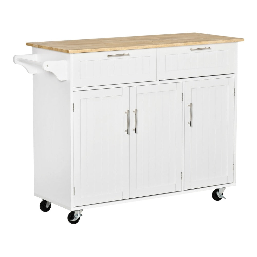 HOMCOM Kitchen Island Utility Cart with a wooden top, two drawers and three white storage cabinets