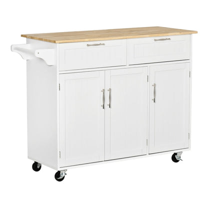 HOMCOM Kitchen Island Utility Cart with a wooden top, two drawers and three white storage cabinets