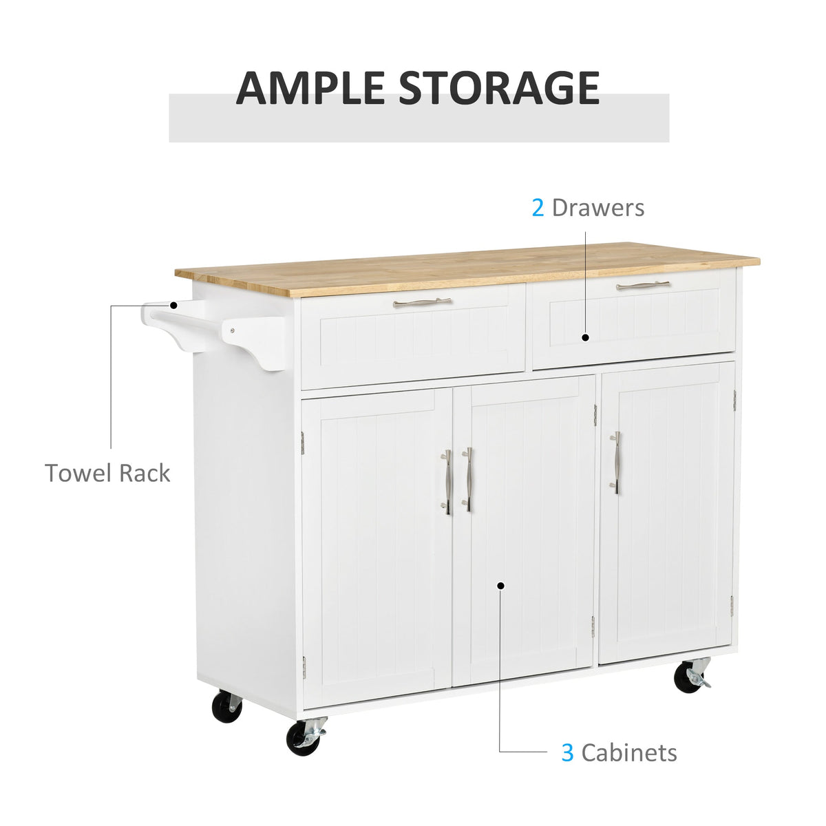 The kitchen furniture highlighting the storage features including the towel rack, drawers and cabinets