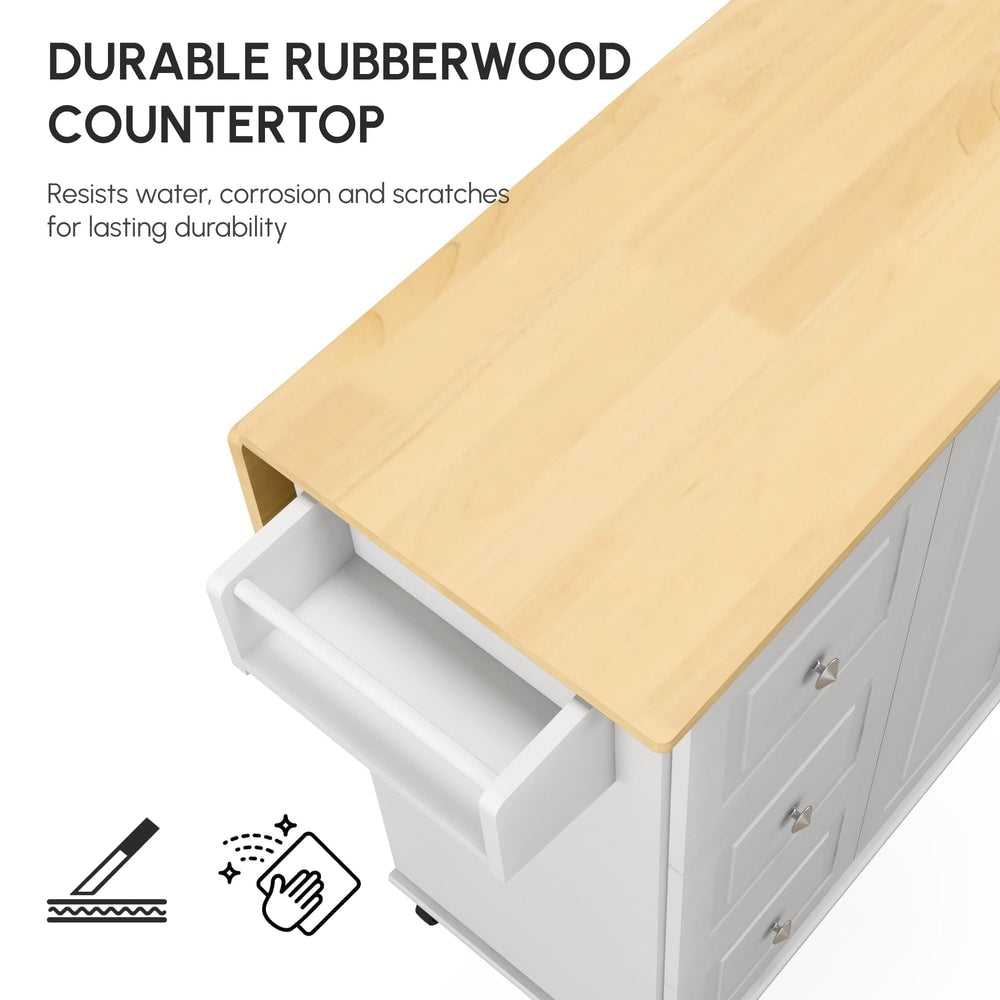 Close up of the kitchen storage trolley's rubberwood countertop and an open drawer