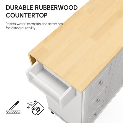 Close up of the kitchen storage trolley's rubberwood countertop and an open drawer