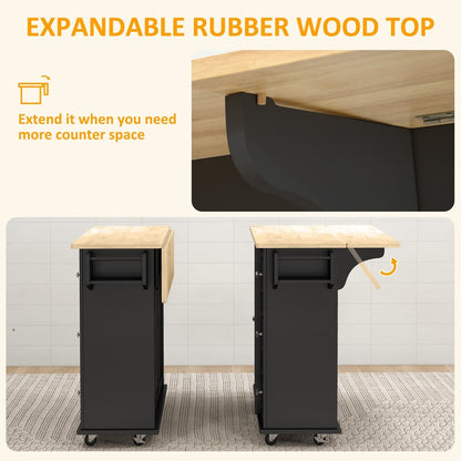 Close up of the expandable rubber wood top on the kitchen trolley, showing how it extends