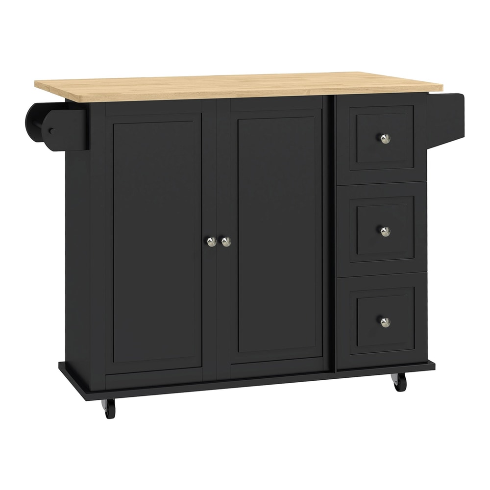 HOMCOM Kitchen Island with Drop Leaf, a black kitchen storage trolley with a wooden top and wheels