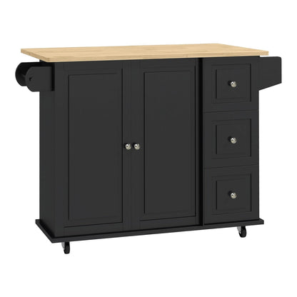 HOMCOM Kitchen Island with Drop Leaf, a black kitchen storage trolley with a wooden top and wheels