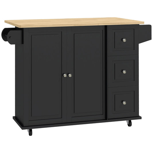 HOMCOM Kitchen Island with Drop Leaf, a black kitchen storage trolley with a wooden top and wheels