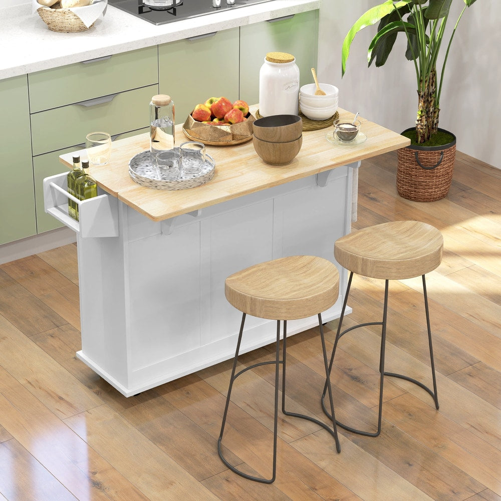 The rolling kitchen storage trolley in use with two stools at the drop leaf extension