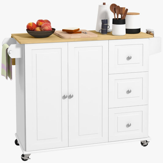 HOMCOM Kitchen Island with Drop Leaf, a white kitchen storage trolley on wheels with a wooden top