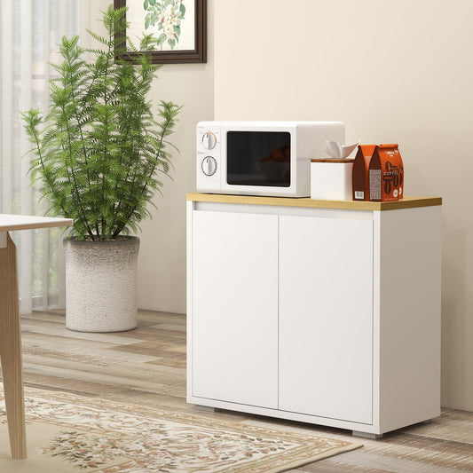 The storage cabinet placed in a living room with a microwave and decor items on the wooden top