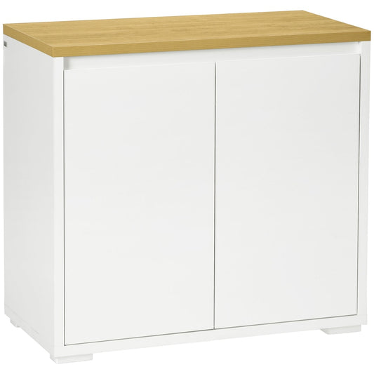 HOMCOM Kitchen Sideboard with a light wood top and white double doors on a plain white background