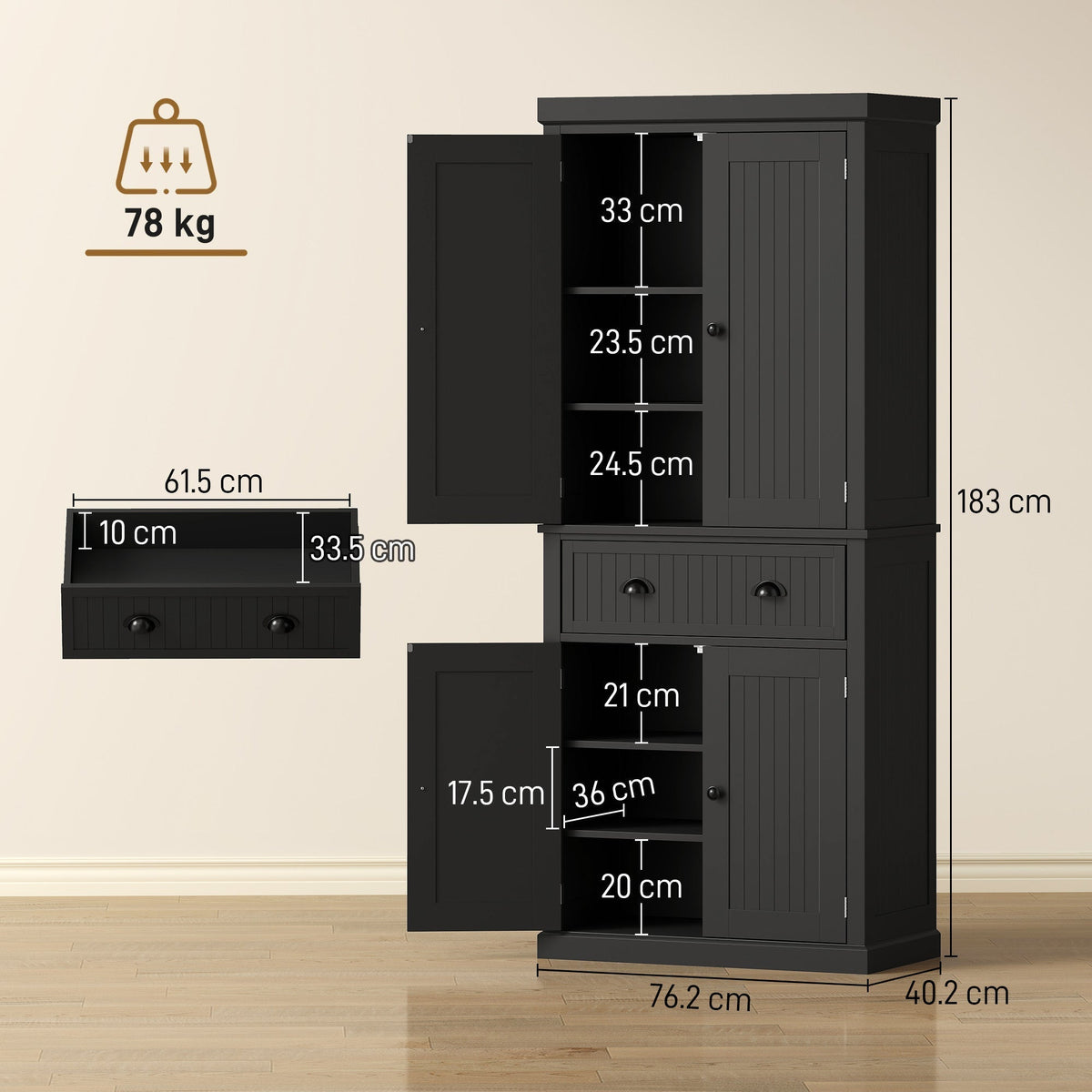 Black kitchen storage cabinet with drawer and adjustable shelves showing dimensions