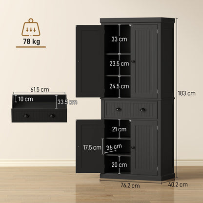 Black kitchen storage cabinet with drawer and adjustable shelves showing dimensions