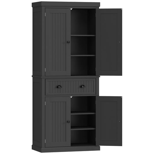HOMCOM Kitchen Storage Cabinet with Drawer and Adjustable Shelves in black with doors open