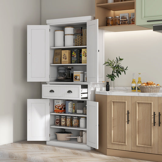 The kitchen storage cabinet is shown in a kitchen setting filled with various food items and cookware