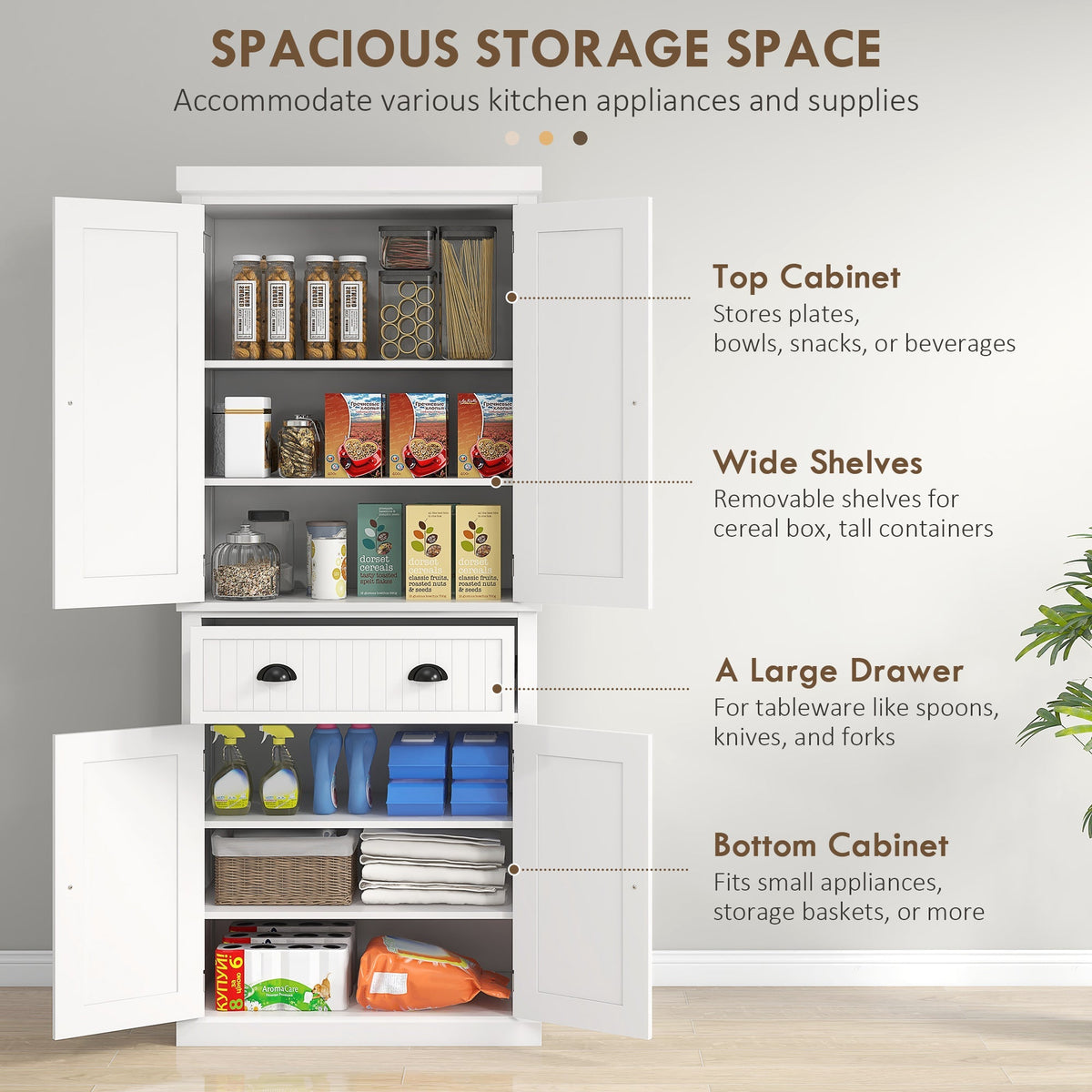 The white kitchen storage cabinet is shown with its doors open, displaying its contents and storage areas