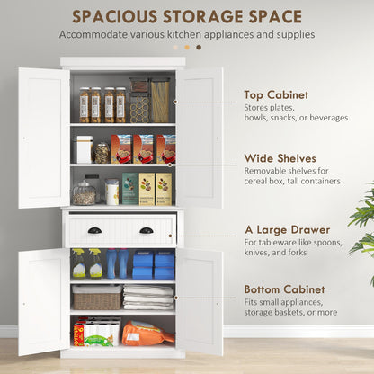 The white kitchen storage cabinet is shown with its doors open, displaying its contents and storage areas