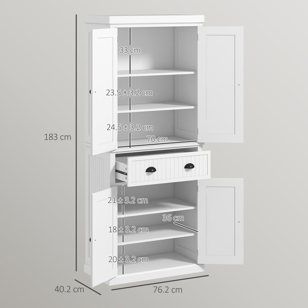This kitchen storage unit has dimensions labelled for height, width and depth