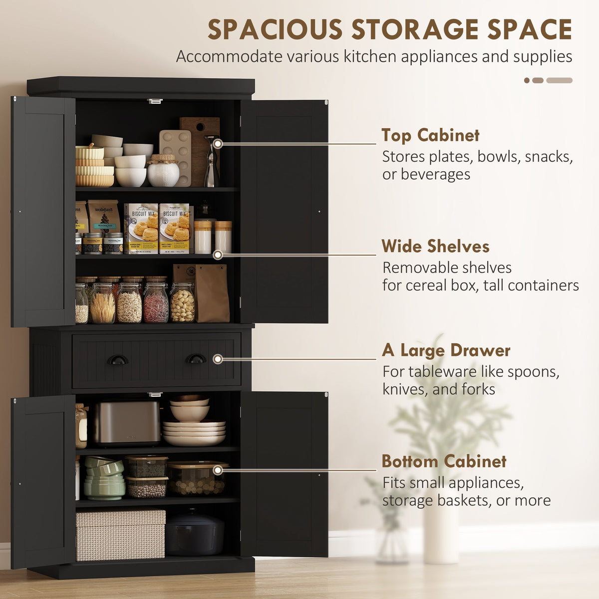 Black kitchen storage cabinet with drawer and adjustable shelves with doors open showing contents
