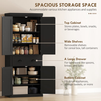 Black kitchen storage cabinet with drawer and adjustable shelves with doors open showing contents