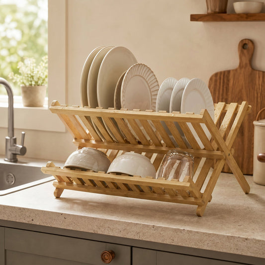 The wooden kitchen storage rack holding plates and bowls next to a sink