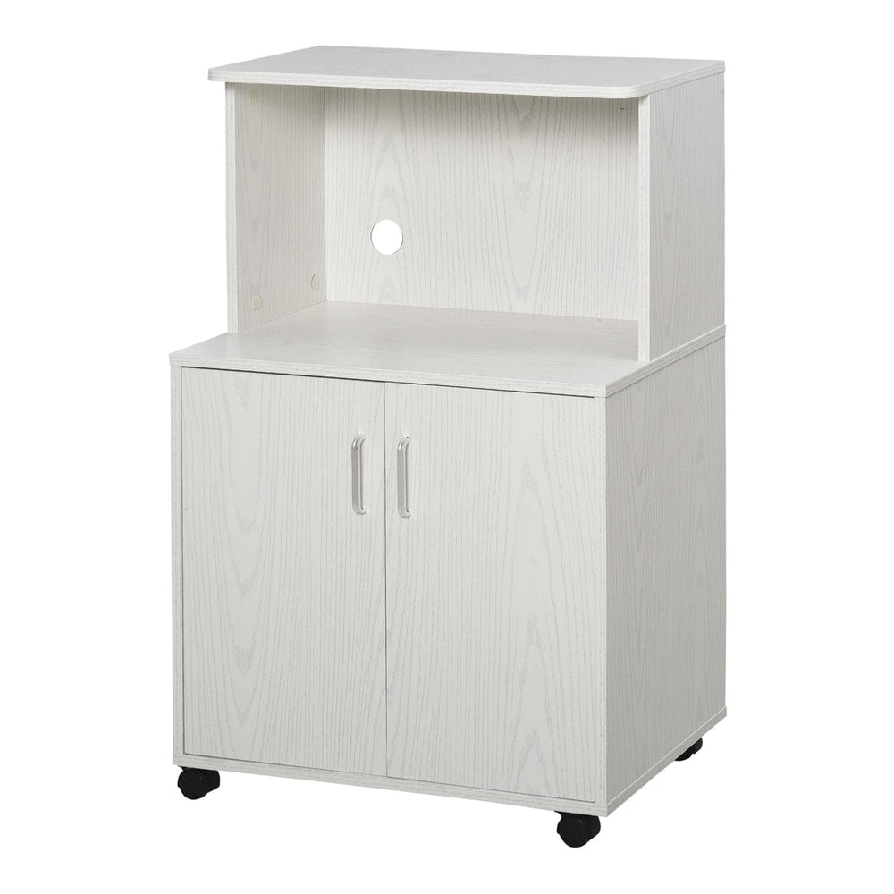HOMCOM Kitchen Storage Unit in white with two cupboard doors and an open shelf on locking wheels
