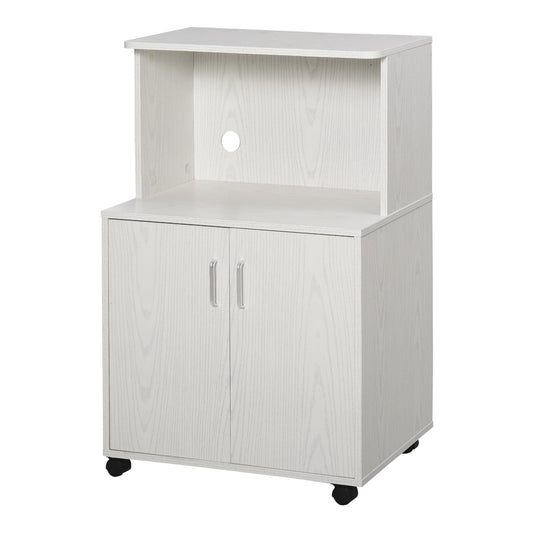 HOMCOM Kitchen Storage Unit in white with two cupboard doors and an open shelf on locking wheels