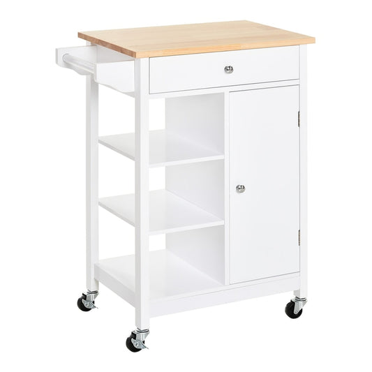 HOMCOM Kitchen Trolley with a wooden top, drawer, cupboard and three shelves on wheels