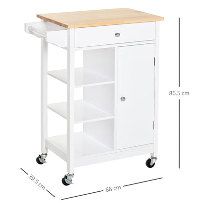 White kitchen trolley with a wooden top, drawer, cupboard and three shelves on wheels, with dimensions