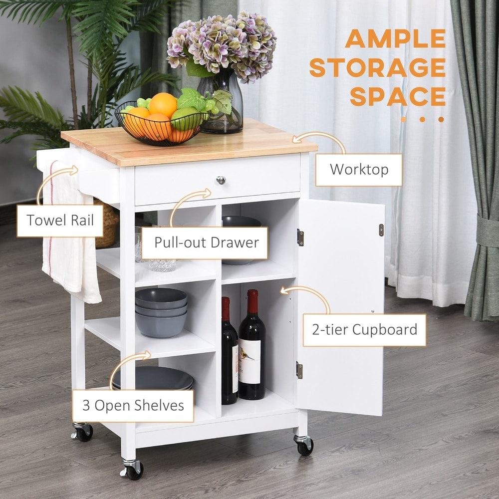 White kitchen trolley with a wooden top, drawer, cupboard and three shelves, showing storage space