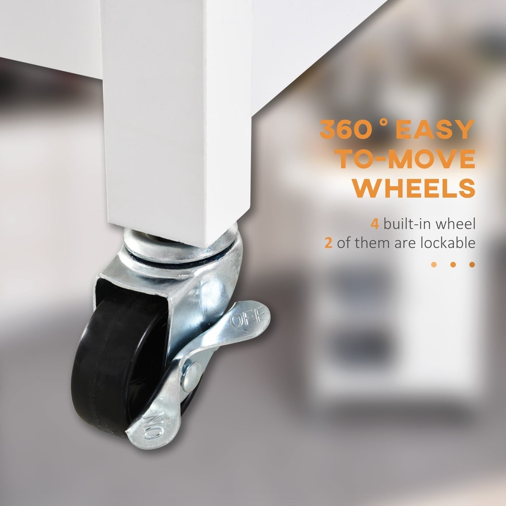 Close up of the lockable wheels on the white kitchen trolley with a wooden top