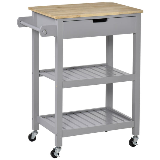 HOMCOM Kitchen Trolley Utility Cart on Wheels with a rubberwood top, drawer, towel rail and two shelves