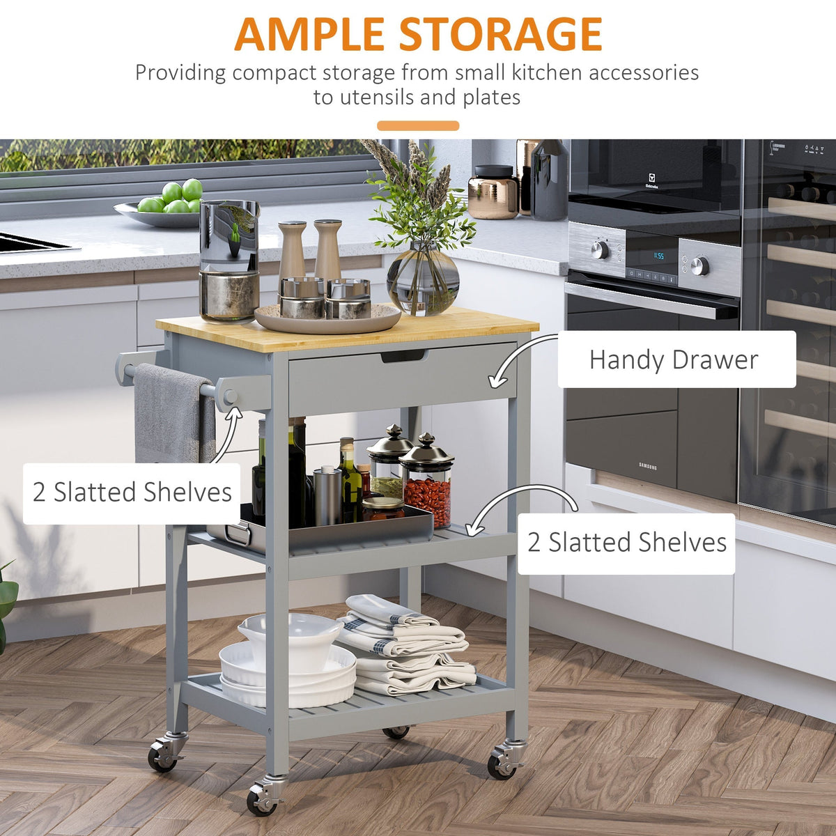 This kitchen trolley has ample storage with a handy drawer and two slatted shelves