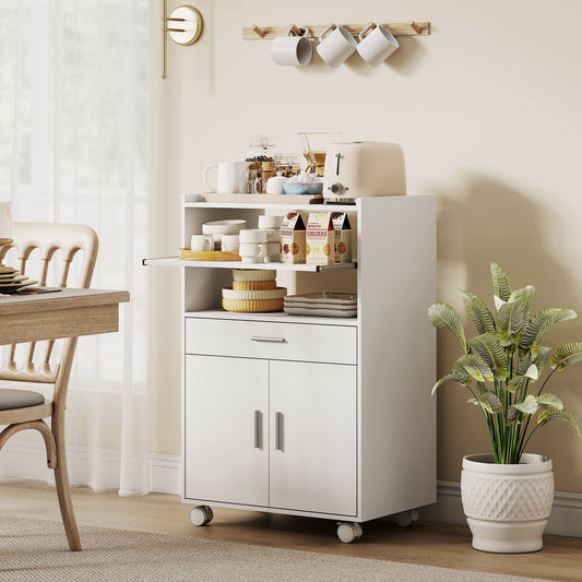 The kitchen furniture placed in a dining room with kitchenware stored on the shelves