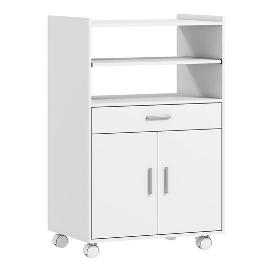 HOMCOM Kitchen Trolley with Wheels featuring a drawer, two doors, and open shelving on castors