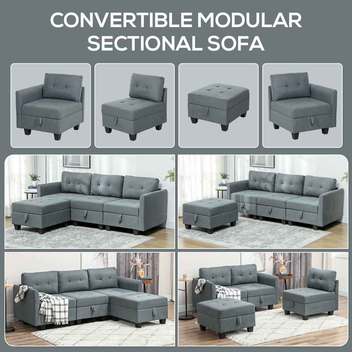 A collage showing the modular sofa arranged in various configurations and individual parts