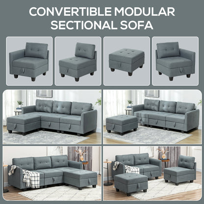 A collage showing the modular sofa arranged in various configurations and individual parts
