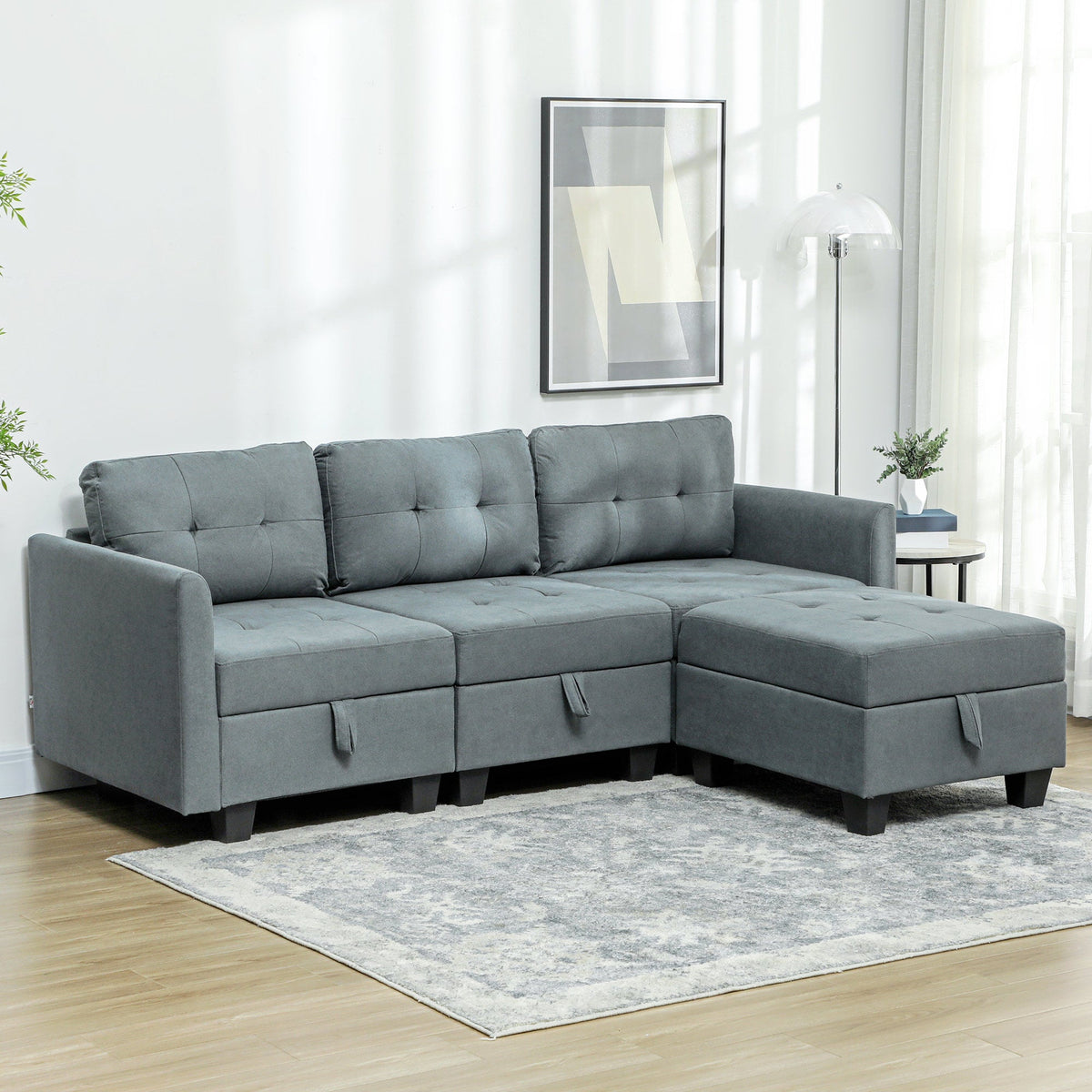 The modular sofa placed in a bright living room on a patterned rug with a side table